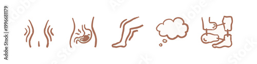 Hand Drawn Medical and Body Sensation Icons - Stomach Ache, Thought Bubble, and Leg Injury Doodles