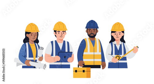 Four construction workers with tools.