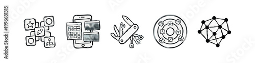 Mobile Application and Utility Tool Hand Drawn Icon Set