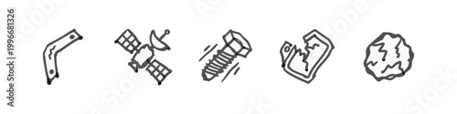 Space Debris and Orbital Junk Hand Drawn Icon Set