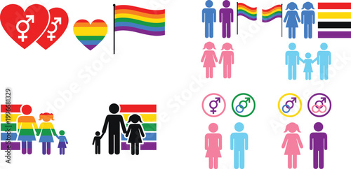LGBTQ+ symbols and icons including pride flags, gender symbols, and diverse family illustrations, vector design