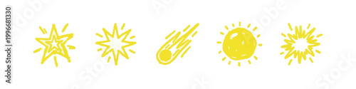 Yellow Sun and Stars Hand Drawn Doodle Icons