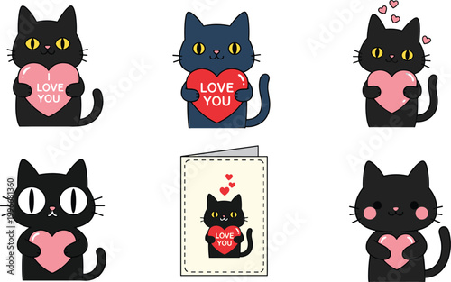 Cute black cat illustrations holding hearts and love signs, vector design