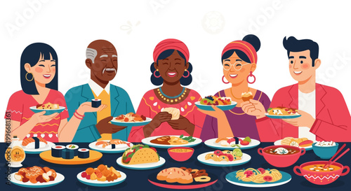Diverse people eating together.