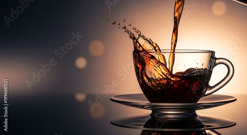 Pouring Hot Tea into a Glass Cup with a Splash on Dark Background