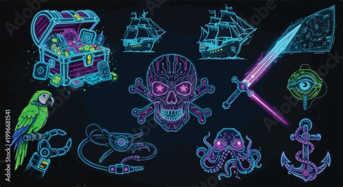 Neon-lit pirate treasure icons including a chest, sword, skull, and parrot on a dark background with vibrant pink and blue hues