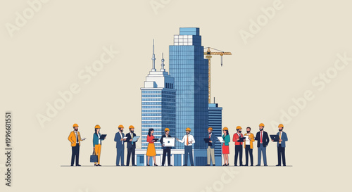 People standing in front skyscrapers.