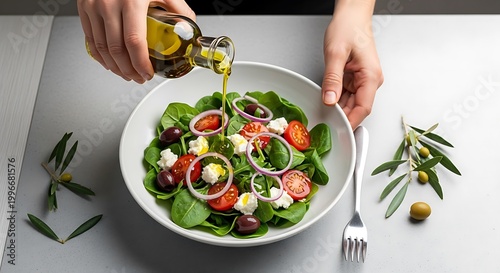 Pouring olive oil onto a fresh Greek salad with feta and olives