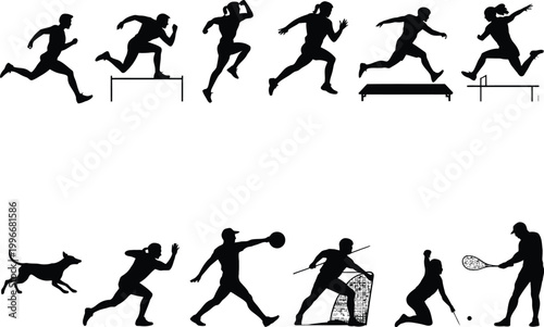 Silhouettes of athletes running jumping playing sports and a dog running
