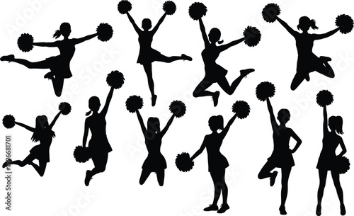 Silhouettes of cheerleaders with pom poms in various poses