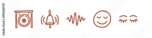Sound meditation icons: gong, bell, sound wave, smiley face, closed eyes
