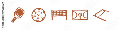 Pickleball sport icons: paddle, ball, net, court, boundary markers