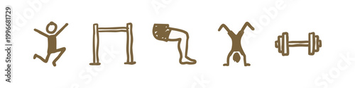 Fitness and exercise icons: jumping person, pull up bar, squat, handstand, dumbbell