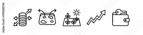 Finance and investment icons: coins, money flow, farm, growth chart, wallet and key