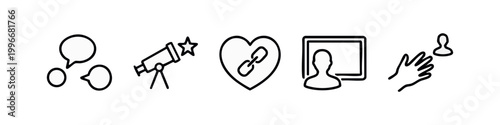 Communication and relationship icons: speech bubbles, telescope, linked heart, profile, hand gesture