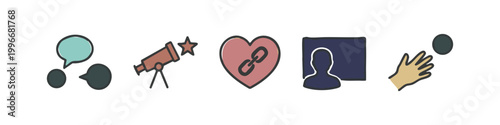 Drawn icons for relationships and communication: chat, telescope, heart, profile, hand