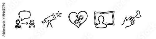 Communication and connection icons: conversation, telescope, broken heart, profile, helping hand