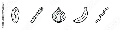 Drawn food icons: lettuce, asparagus, onion, banana, seaweed