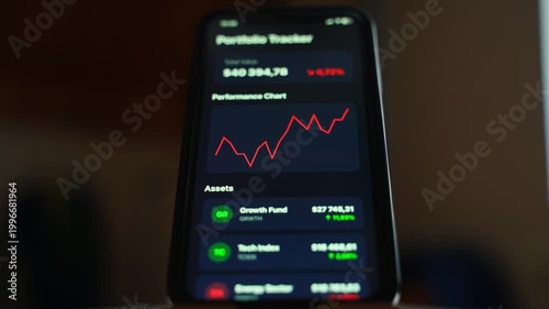 Smartphone screen displaying investment portfolio tracker with rising performance chart close-up