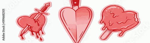 Anti Valentine sticker set, broken heart cute flat graphic illustration, pink romantic print. Dark holiday creative icon, dagger, bleeding heart, melting ice cream. Breakup party sad concept.