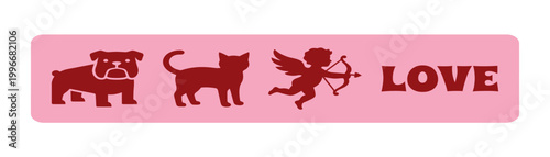 Valentine day cute flat vector modern minimal illustration, pink romantic print. Wedding and date creative icon, cats, lock and key, retro car. Bachelorette party love collection