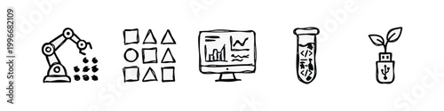 Doodle Icons: Robot Arm, Shapes, Monitor, Test Tube, USB Plant