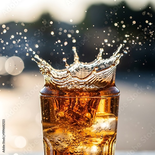 Refreshing Amber Drink Splash with Ice Cubes in Glass