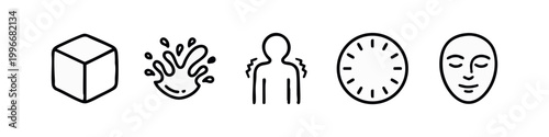 Line Art Icons: Ice Cube, Splash, Shiver, Clock, Face