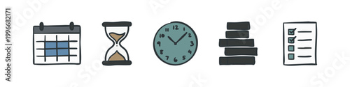 Colored Time Management and Business Organization Icons Set in Doodle Style