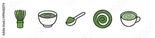 Matcha Green Tea Ceremony Tools and Icons Set in Hand Drawn Doodle Style
