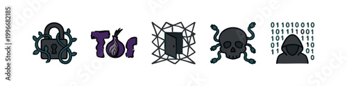 Dark Web and Digital Security Colored Icons Set in Hand Drawn Style