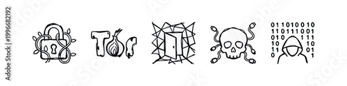 Cyber Security and Dark Web Concept Icons in Sketchy Hand Drawn Style