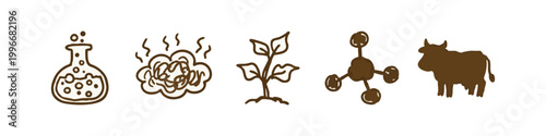 Ecology Science and Agricultural Pollution Icons in Brown Sketchy Style