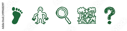 Bigfoot Hunting and Mystery Forest Search Icons in Green Doodle Style