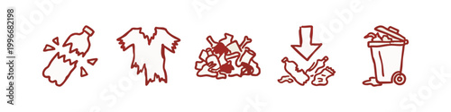 Waste Management and Plastic Pollution Icons in Red Hand Drawn Style