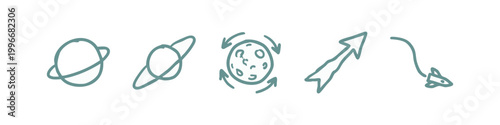 Teal hand drawn space and planetary exploration icons