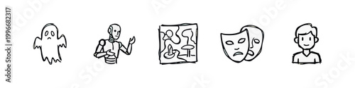 Hand drawn character and entertainment doodle icon set