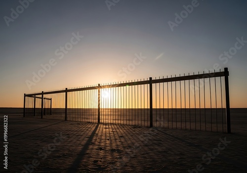 Silhouette of a metal fence against a golden sunset in a vast desert landscape