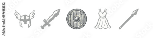 Grey hand drawn medieval fantasy warrior gear icons