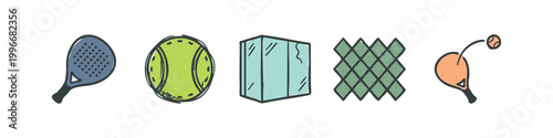 Colorful padel and tennis sport gear flat icons
