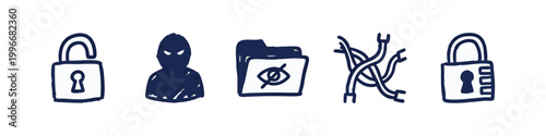 Cyber Security and Hacking Hand Drawn Icon Set Sketch
