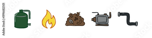 Drawn industrial icons: green tank, flame, waste, pump, pipe