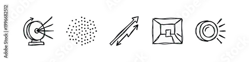 Drawn science and technology icons: scanner, dots, graph, room, light