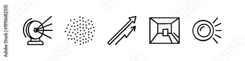 Line art science and technology icons: scanner, dots, graph, room, light
