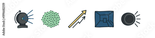 Colored hand-drawn science and technology icons: scanner, dots, graph, room, light