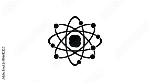 Abstract atomic structure depiction with orbiting particles a striking black silhouette
