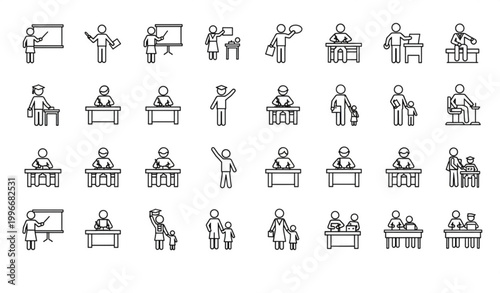 Minimal stick figure school icon set with teacher student classroom and parent pictograms editable vector isolated on white