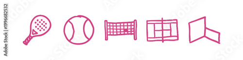 Pink hand-drawn sports icons: paddle, ball, net, court, player