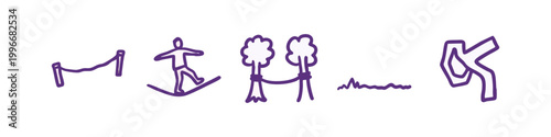 Purple hand-drawn outdoor and adventure icons: rope, walker, trees, mountain, path