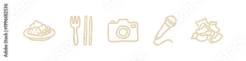 Beige hand-drawn icons: food, utensils, camera, microphone, confetti